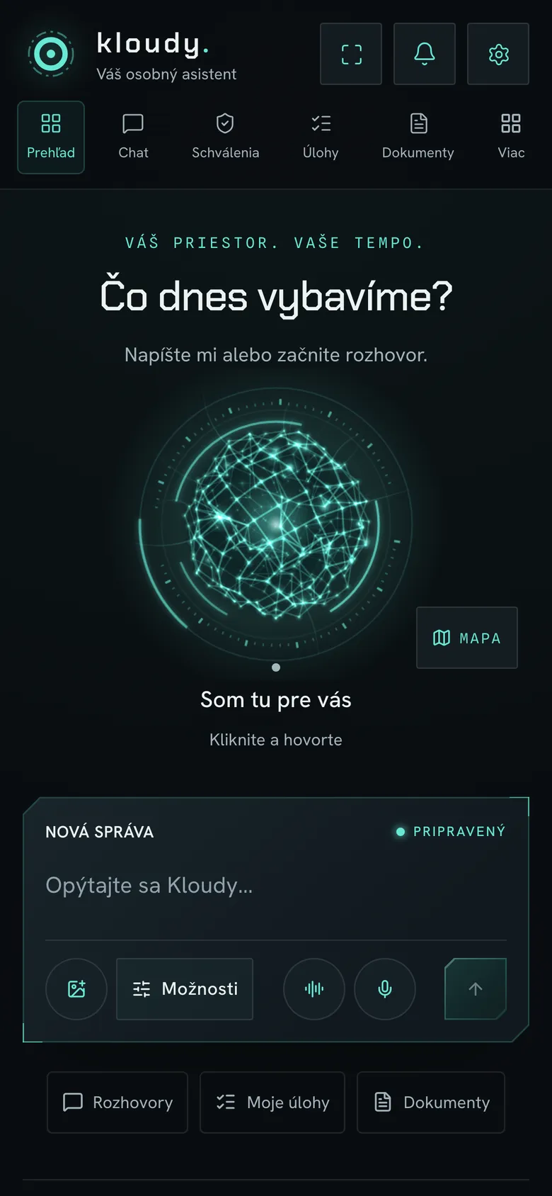 Prehľad: hlavná obrazovka s guľou Kloudyho – mobil